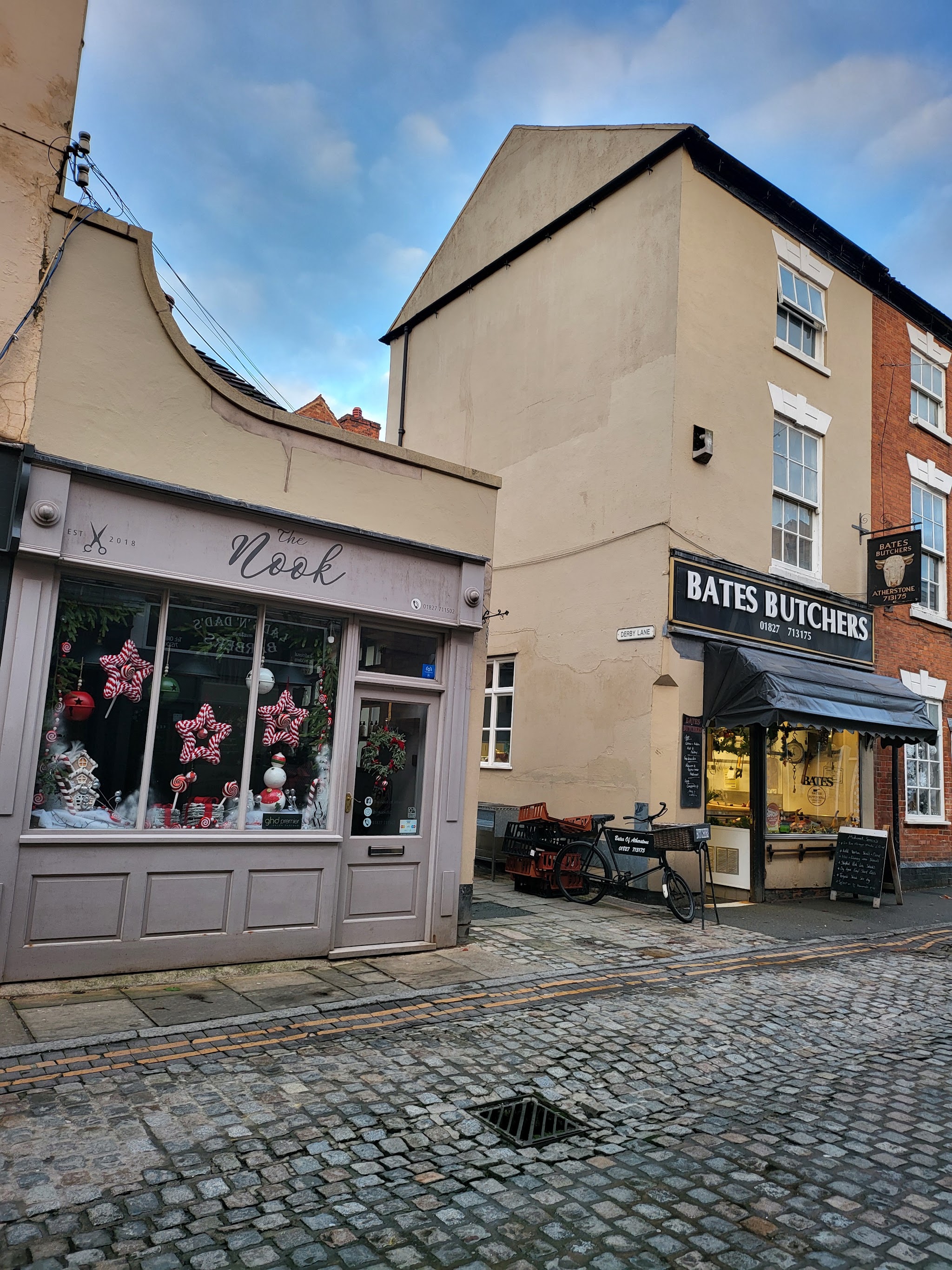 The Nook dressed for Christmas on cobbled Market Street